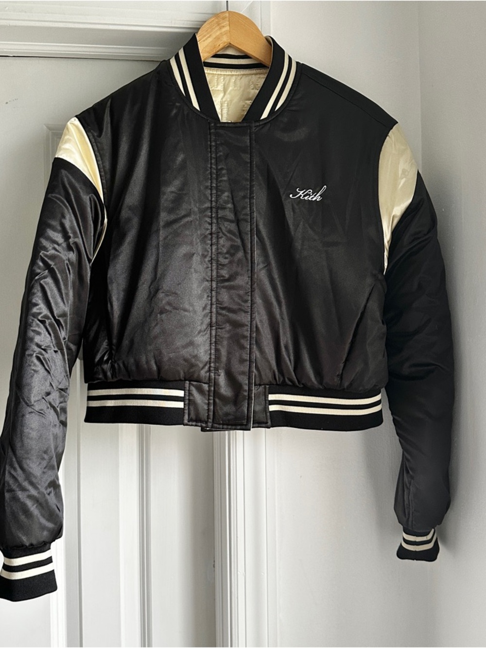 Kith Black Satin Bomber Jacket with Cream Sleeve Panels